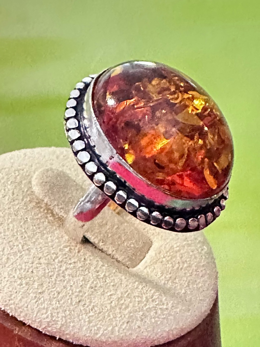 Artisan Amber Cabochon Silver Beaded Halo Ring fits 9.25-9.5 finger